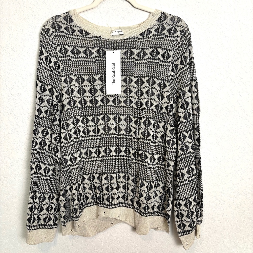 Saint Laurent Paris Distressed Geo Knit Lightweight Black Ivory Sweater Grunge